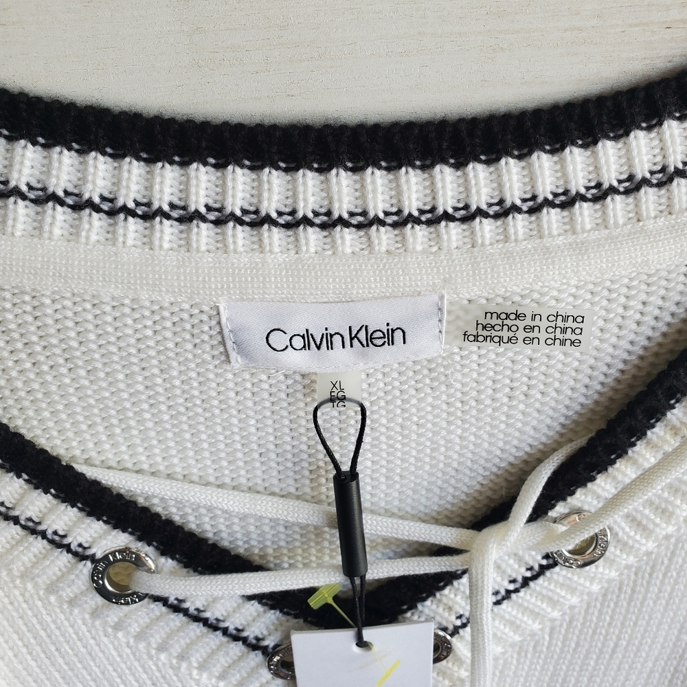 NWT Calvin Klein White Lace Up V-Neck Sweater - Picture 2 of 5